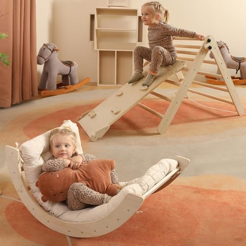 Image of Yopnoyik Pikler Triangle Set with Cushion Large, 5 in 1 Toddler Climbing Toys Indoor, Montessori Foldable Climbing Set for Kids, Wooden Playground Jungle Gym with Ramp, Arch and Ladder (Wooden Color)