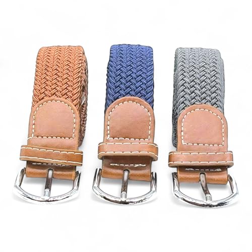 SEGMENTES Geflochtener elastischer Gürtel, 3er-Set für Damen und Herren, Einheitsgröße, für Freizeit oder Kleidung, Länge von 110 bis 140 cm, Blau, Grau und Braun