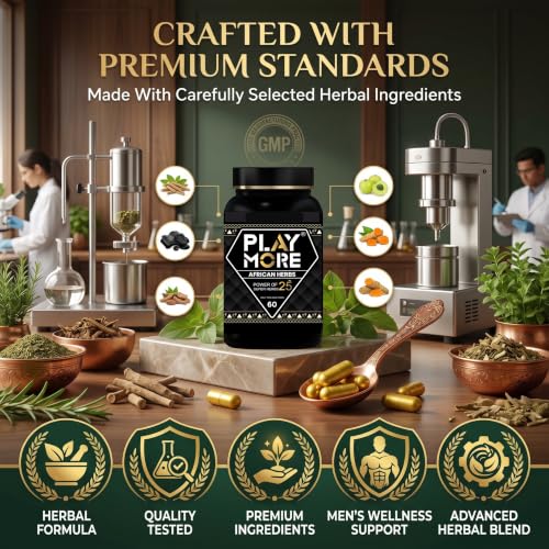 Image of Play More African Herbs Capsules for Men | 25 Ayurvedic Herbs with Ashwagandha, Safed Musli, Shilajit, Kaunch Beej & Tribulus | Men's Daily Wellness Support | 800mg | 60 Capsules
