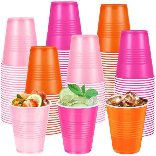 Hauwellter 100 Pcs Pink and Orange Plastic Cups 12 oz, Bulk Light Pink Hot Pink and Orange Disposable Party Cups for Summer Tequila Sunrise Sunset Birthday Graduation Theme Party Supplies Decorations