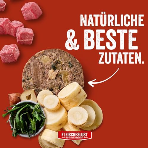 Fleischeslust Hundewurst | Rindermenü mit Pastinake, Haselnuss & Seealge | Futterbox (6x800g) | Nassfutter | schnittfest | getreidefrei | Alleinfuttermittel für Hunde