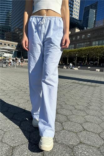 Tenopuli Women Y2K Lounge Pants Cute Drawstring Striped Casual Pants Wide Leg Baggy Pinstripe Print Pants Going Out Pants2
