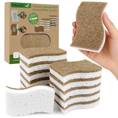12 Pack Natural Kitchen Sponges, Biodegradable & Compostable | Non-Scratch