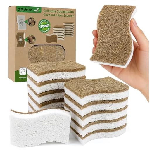 Silkyhose Biodegradable Natural Kitchen Sponge, Compostable Cellulose and Coconut Scrubber Eco-Friendly Dishwashing Sponge, 12 Pack Household Cleaning Foam for Dishes