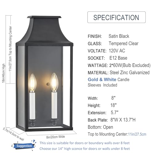 Image of 18 inchMedium Classic Outdoor Wall Lantern Light For House Exterior,Handcrafted Satin Black Metal Cage Mounted Pocket Wall Sconce W /Clear Tempered Glass,Waterproof for Porch, Patio, Garage&Front Door E12