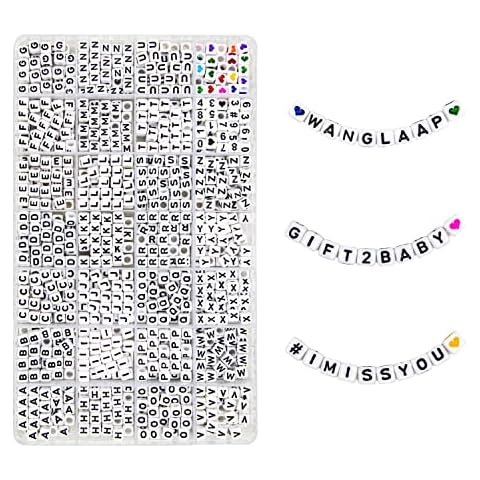 WangLaap 1120Pcs Square Acrylic 6x6mm Alphabet A-Z Letters Beads with Numbers Colorful Hearts Cube Beads for Phone Lanyard Bracelets Necklaces(White-1120-Organized) Cover