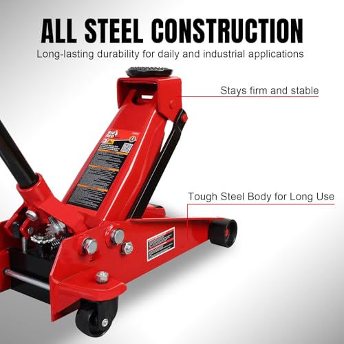 Image of Heavy Duty Hydraulic Car Floor Jack with Quick Lift Pump for All Terrain Vehicles, 3 Ton Capacity, Red