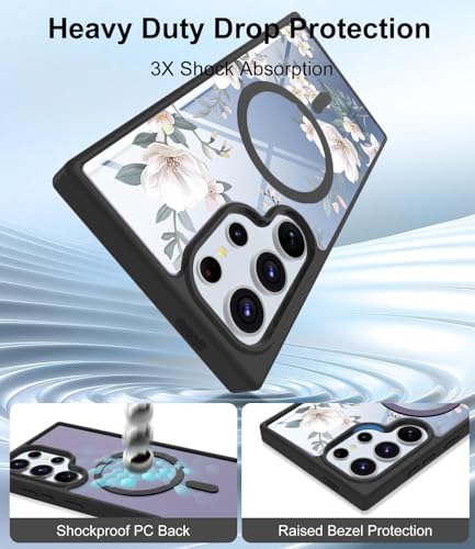 Image of VONZEE Compatible with Samsung Galaxy S25 Ultra 5G Case Luxury Retro Flowers Floral Clear for Magnetic Wireless Charging Case Shockproof Case PC+TPU Cute Glossy Shiny Cover for Girls Women, Black