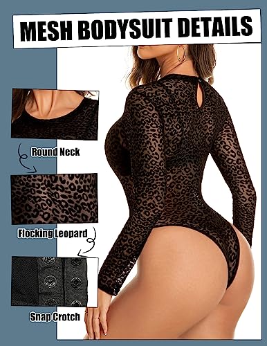 Image of Avidlove Womens Mesh Long Sleeve Bodysuit Round Neck Sheer Leotards Geo Print Bodysuit Top with Snap Crotch