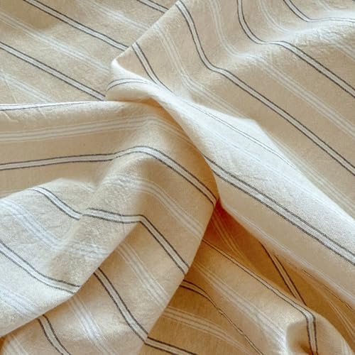 Image of PinkMemory Beige Striped Duvet Cover Set Queen 100% Washed Cotton Beige Wide and Pinstriped Pattern Bedding Duvet Cover Set with Streak Pillowcases-Ultra Soft Breathable Zipper Closure Corner Ties