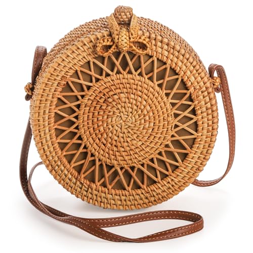 Okllen Round Rattan Bag for Women, Bohemian Style Handwoven Straw Crossbody Bags for Summer Vacation