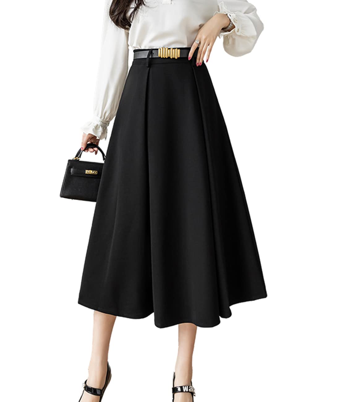Femiserah Women's High Waist A-Line Pleated Solid Midi Skirt with Belt Loops