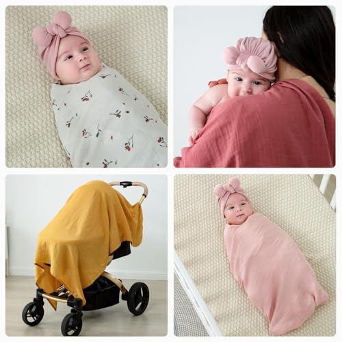 Image of POMISO Muslin Swaddle Blankets for Boys & Girls, Newborn Receiving Blankets, 4 Pack Soft Breathable Baby Swaddles, Large 47x47 Inches, Red Berries & Earthy Colors