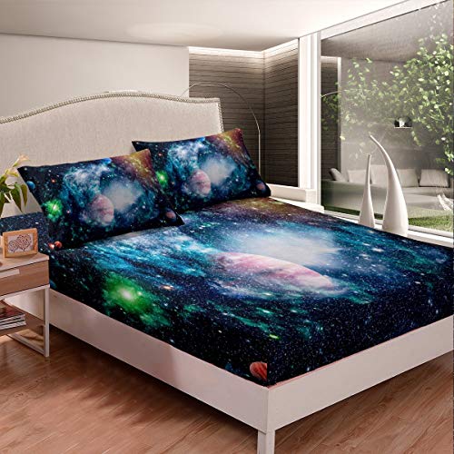 Feelyou 3D Galaxy Outer Space Bedding Set Kids Boys Girls Boho Psychedelic Fitted Sheet Universe Planet Bed Sheet Set Astronomical Bed Cover,Room Decor 3Pcs Sheets Full Size #TOP12