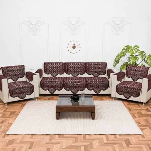 Image of Kuber Industries (Set of 16) Stylish & Durable Cotton Sofa Covers 5 Seater with Arms | Washable Sofa Protector & Slipcover for Living Room & Office | Plain Circle - Brown