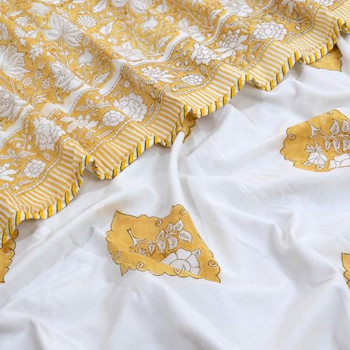 Image of TOAIArt Premium Jaipuri Dohar | AC Blanket Summer Quilt | Hand Block Printed | 3 Layers | Reversible | 150GSM 100% Mulmul Cotton| 100% Cotton Flannel Filling | Queen 90 inch X 108 inch|Light Mustard Kalamkari