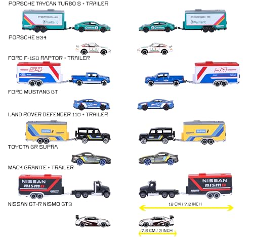 Majorette - Race Trailer Set - 2 Spielzeugautos & 1 Anh&auml;nger im Motorsport-Design, Autos und Trailer aus Metall, 19 cm, f&uuml;r Kinder ab 3 Jahren, zuf&auml;llige Auswahl