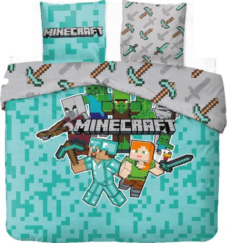 arlis Parure de Lit Minecraft 2 Personnes, Housse de Couette Réversible 240x220 cm, 2 Taies d'oreiller 65x65 cm, 100% Coton (Parure de lit Minecraft 2 Personnes, 240 X...