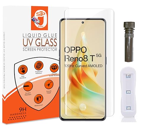 Image of UV Advanced HD+ Tempered Glass Screen Protector Guard Compatible For Oppo Reno 8T 5G (6.7 Inch, Pack of 1) Full Adhesive UV Curved Case Friendly HD Clarity with easy installation kit