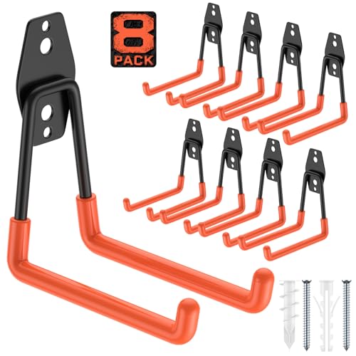 Cpais Garage Hooks with Anti-Slip Coating,Heavy Duty Wall Mount Storage Hooks for Hanging Bike,Hose,Ladder,Yard,Garden Tools (8 Pack Orange 5.2x5.1 Inch)