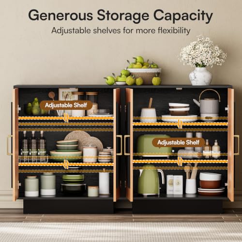 Image of 29 inch Fluted Modular Buffet Cabinet with Arched Doors & Gold Handles, Mid Century Modern Sideboard Credenza Storage with Adjustable Shelves, Wood Coffee Bar Console Table for Dining Living Room
