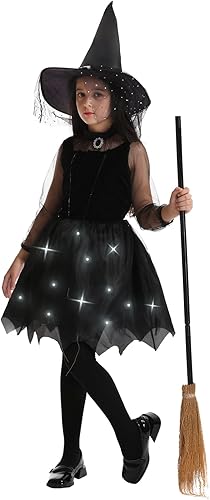 Miniatura 5 de Disfraz de bruja para niñas, disfraz de Halloween, princesa oscura, cosplay, disfraz de bruja gótica negra, sombrero, escoba y medias