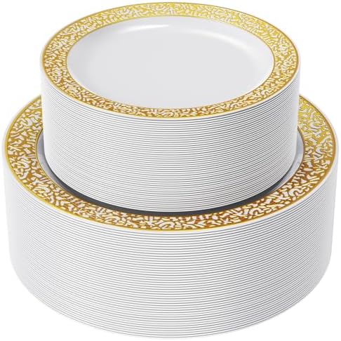 FOCUSLINE 102pcs Gold Plastic Plates. Gold Lace Plates Disposable Heavy Duty. Including 51 10.25...
