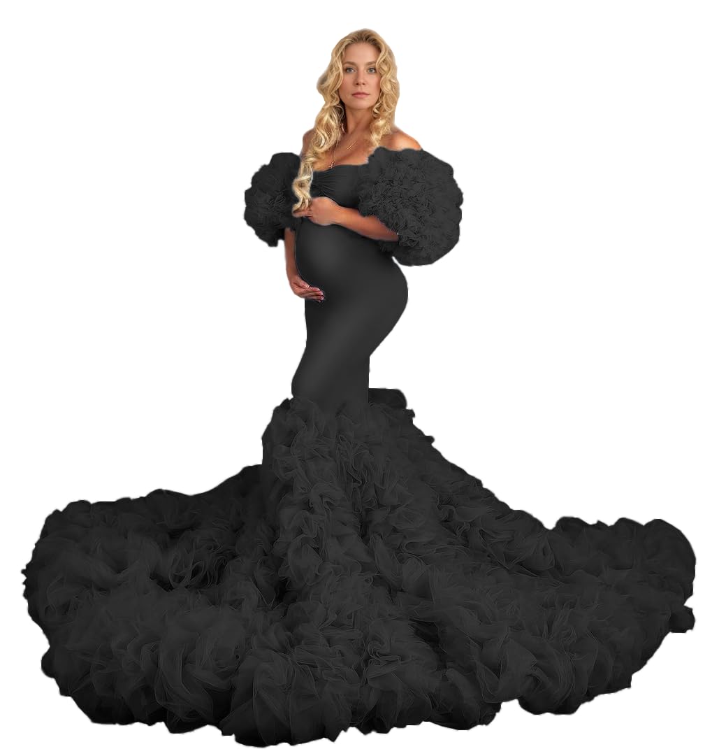 Off Shoulder Tulle Maternity Dress for Photoshoot Mermaid Baby Shower Dress Sweetheart Ruffles Pregnancy Gowns