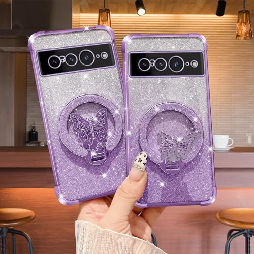 Tesazxcn for Google Pixel 7 Pro Case with Butterfly Stand Compatible with Magsafe, Women Girls Bling Luxury Glitter Clear Phone Case Shockproof Protective Cover for Google Pixel 7 Pro, Purple by Tesazxcn - Used condition - Image 8