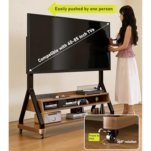 Soporte móvil para TV 40-85 pulgadas con ruedas y estantes de madera miniatura 4
