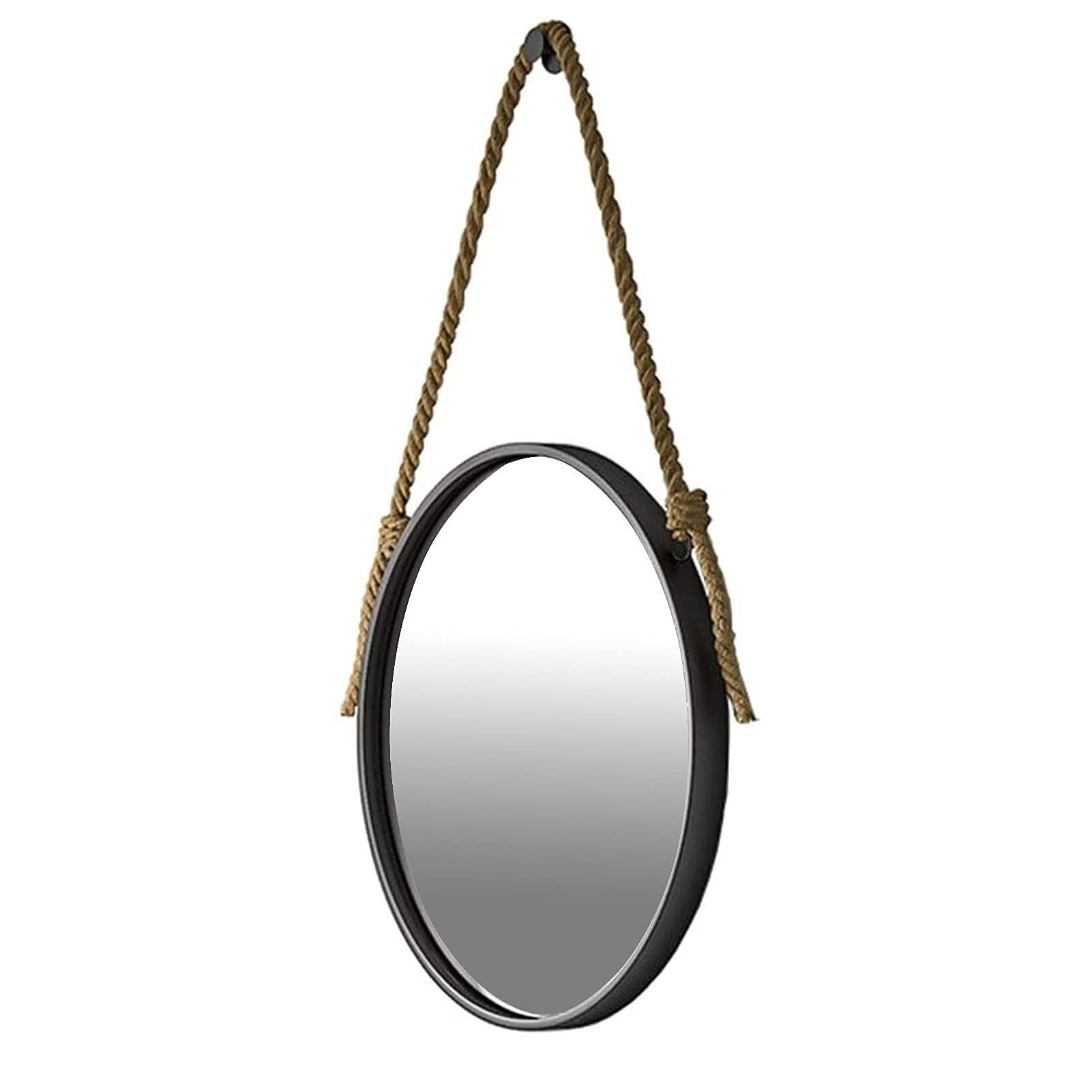 TYUHDUYUR Modern Black Round Wall Mirror with Hemp Rope Hanging Strap | Large Metal Frame Decor Mirror for Bathroom Entryway Vanity or Wall Decor Fashion / 70cm