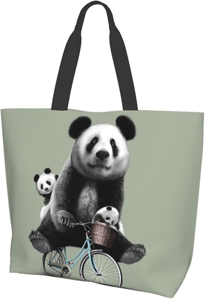 Amazon 自転車パンダ家族 買い物バッグ レディース おしゃれ エコバッグ 大容量 洗える ハンドバッグ 人気 ポリエステル トートバッグ ショルダーバッグ エコバッグ 買い物バッグ