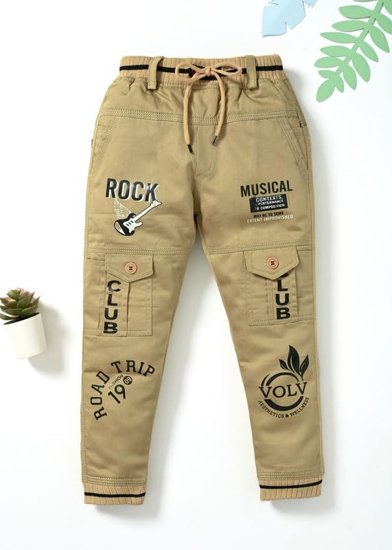 Image of Stylish Printed Joggers with Pockets | Soft Comfortable Elastic Waist Lower | Casual Outdoor Wear Trousers for Daily Use |Pack of 1 Boys Premium Cotton Satin Jeans Cargo Track Pants for Kids 2-7 Years