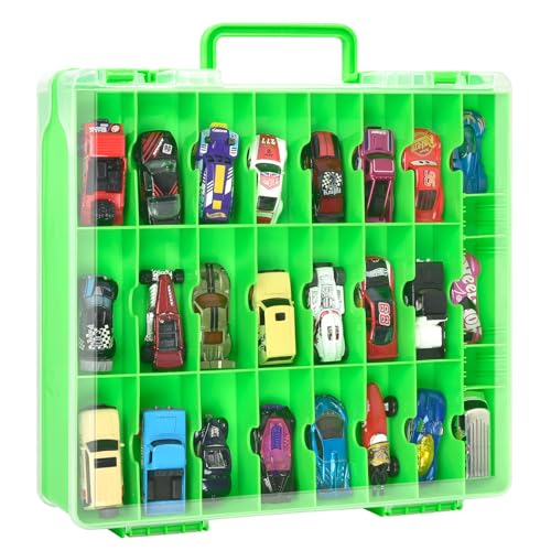 ALCYON Double Sided Toy Storage Organizer Case for Hot Wheels Car, for Matchbox Cars, for Mini Toys, for Small Dolls. Carrying Box Container Carrier with 48 Compartments - Green(Box Only)