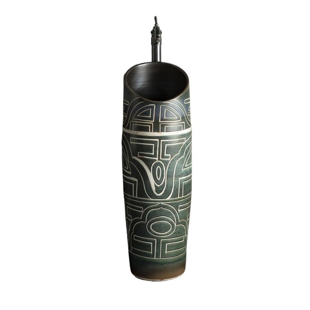 Vessel Sink Outdoor Courtyard Carved Pedestal Basin Bathroom Floor-Standing Pool Balcony Wash