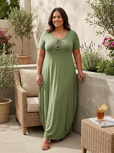 Image of SUZONANA Plus Size Maxi Dress for Curvy Women Summer Casual Sundress Short Sleeve Loose Vacation Dress
