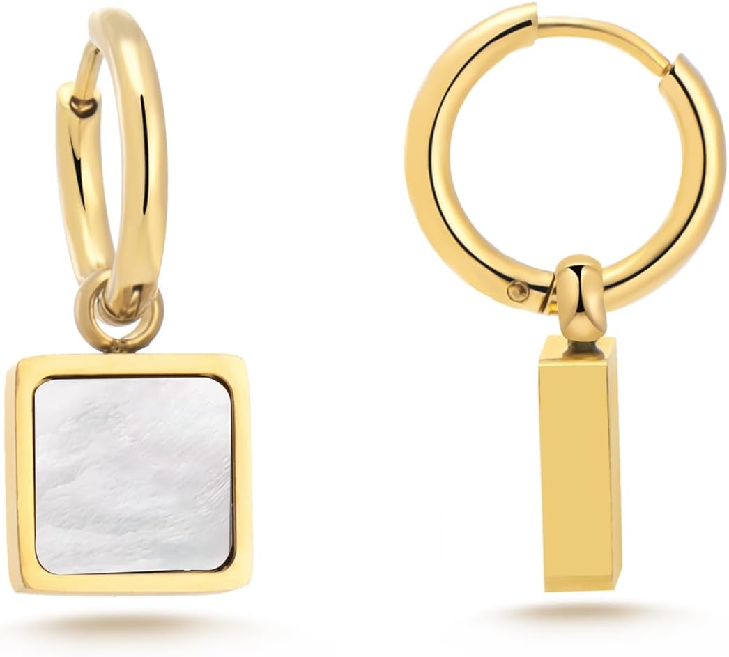 Milan Chiva 14K 18K Gold Plated Dangle Hoop Huggie Abalone Shell Earrings Lightweight Statement Teardrop Dainty Leverback Earrings for Women Trendy