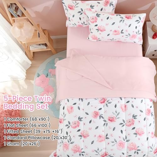 Image of PHF 5 Piece Kids Comforter Set, Ultra Soft Twin Size Comforter Sets Include Comforter, Fitted Sheet, Flat Top Sheet, Pillowcase, Sham for Girls, Floral Bed in A Bag for Baby Bedroom, Floral