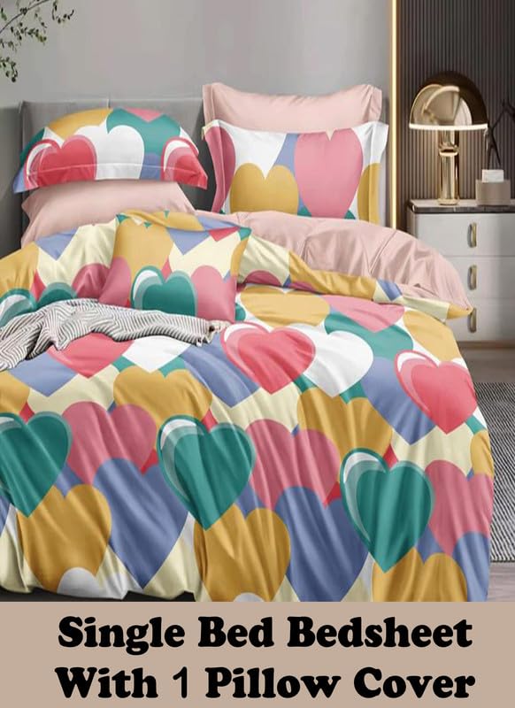 Image of Polycotton Single Bed Bedsheet, Flat Sheet with 1 Pillow Cover, Queen (60x90 inch), 300 TC, Green & Multi, Set of 2