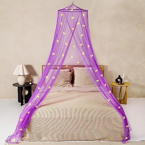 Image of Purple Canopy for Girls Bed with Pre-Glued Glow in The Dark Unicorns - Princess Mosquito Net Room Decor - Kids & Baby Bedroom Tent with Galaxy Lights - 1 Opening Canopy Bed & Hanging Kit Included