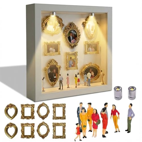 Mini Museum DIY, Kreatives Mini Figuren Menschen Museum mit Lichtern, Miniatur Bilderrahmen Silhouette Box, Shadow Box Frame Kit, Feiern Sie Ihre Einzigartigen Erinnerungen mit Stil (b (Weiß))
