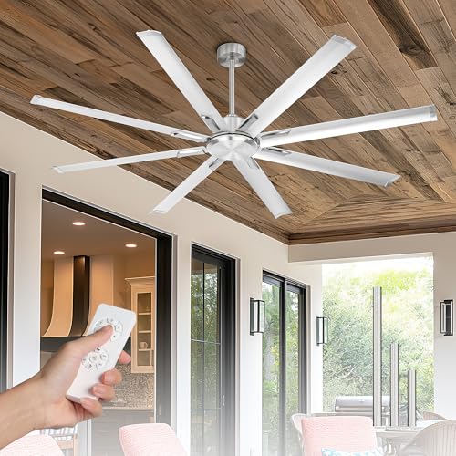 Image of 72 Inch Industrial Ceiling Fan Without Light, Brushed Nickel Outdoor Model for Covered Areas, 8 Aluminum Blades, Powerful Airflow, Modern No-Light Design, CF04NBN-72