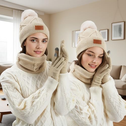 4 Pieces Winter Hat Scarf Glove Set for Women,Fleece Lined Beanie with Pom Pom,Touchscreen Gloves Knit Scarf for Cold Weather2