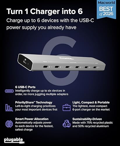 Station de charge USB C 6 ports multiprise chargeur rapide universel Plugable - 2
