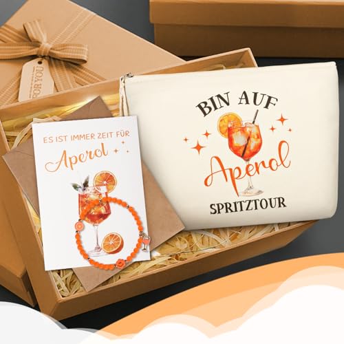 TUZELIYA Aperol Geschenke inkl. Aperol Kosmetiktasche Armband Grußkarte - Tragbare Aperol Tasche, Kulturtasche, Reise Make Up Tasche - Aperol Spritz Geschenkset für Männer Frauen Aperol-Liebhaber
