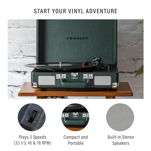 Image of Crosley CR8005F-EM Cruiser Plus Record Player, Dark Emerald | 3-Speed Turntable, Bluetooth In / Out, Built-in Stereo Speakers, Isolated Internal Speakers Minimize Vibration