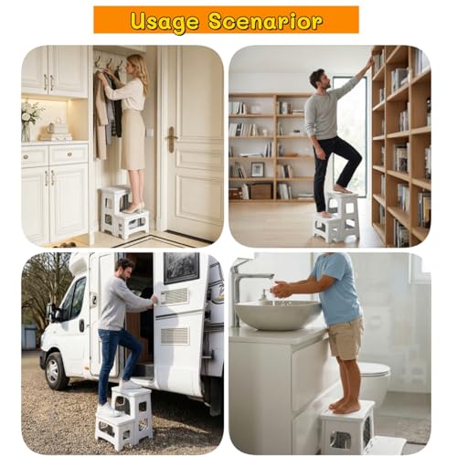 Image of 2 Step Stool Foldable, Non-Slip Steps, Folding Step Stool for Adults, Plastic Stool Pool Ladder, Collapsible Stools 2 Step Ladder for Kitchen Toilet Bedroom Office RV, Holds 330 lbs