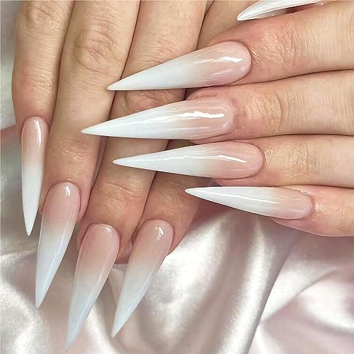 Extra Long Press on Nails Stiletto French Tip Gradient Pink to White Press Ons Point Fake Nail for Women and Girls 24 Pcs