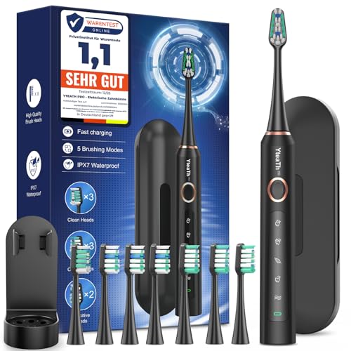 Cepillo de Dientes Eléctrico Sónico para Adultos - Cepillo Electrico Sónico con 8 Cabezales y Estuche de Viaje, 5 Modos, IPX7 Impermeable, Cepillo Dientes Electrico de Viaje Recargable, Negro