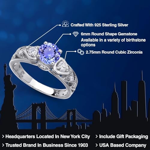 Gem Stone King 925 Sterling Silver Round 6MM Gemstone Birthstone Engagement Ring | Wedding Anniversary Promise Ring For Women | Available In Size 5, 6, 7, 8, 92